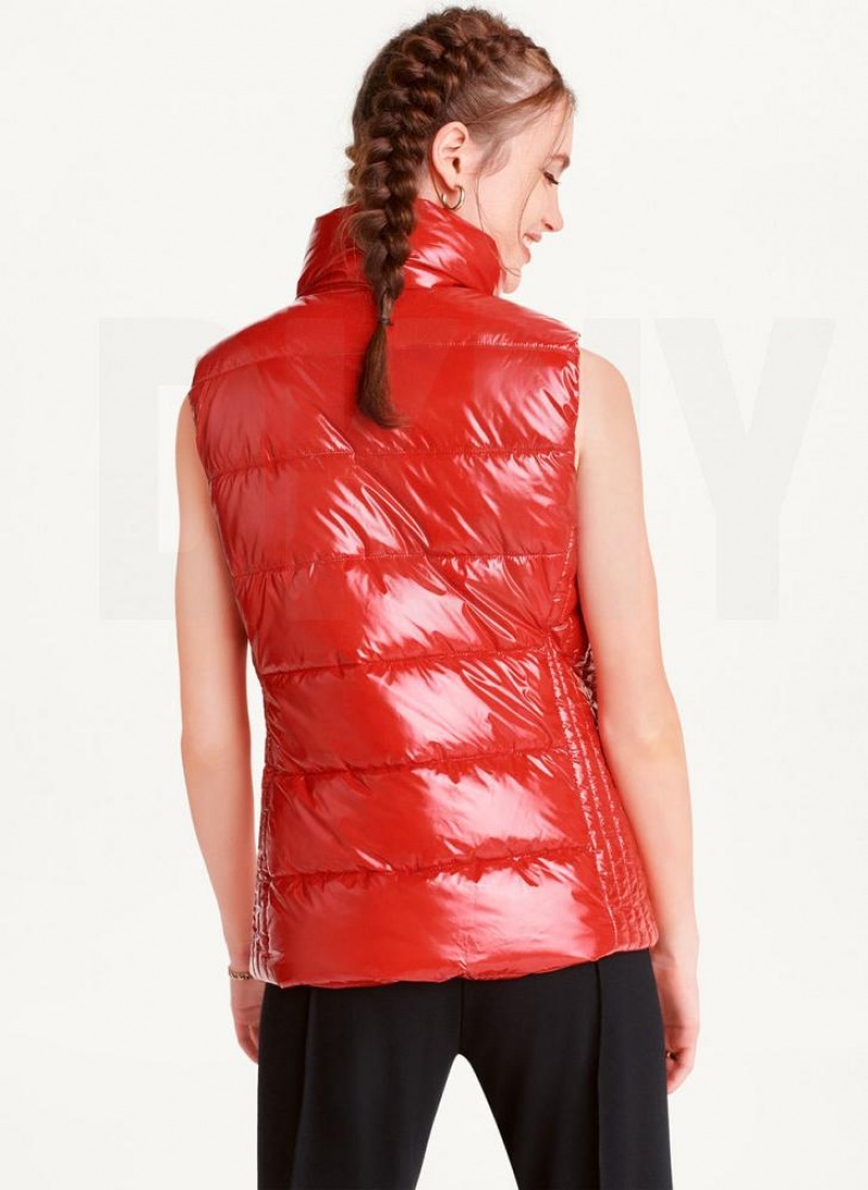 Red Women's DKNY Wet Token Logo Puffer Vest Coats | Australia-D1224
