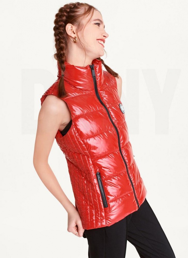 Red Women's DKNY Wet Token Logo Puffer Vest Coats | Australia-D1224