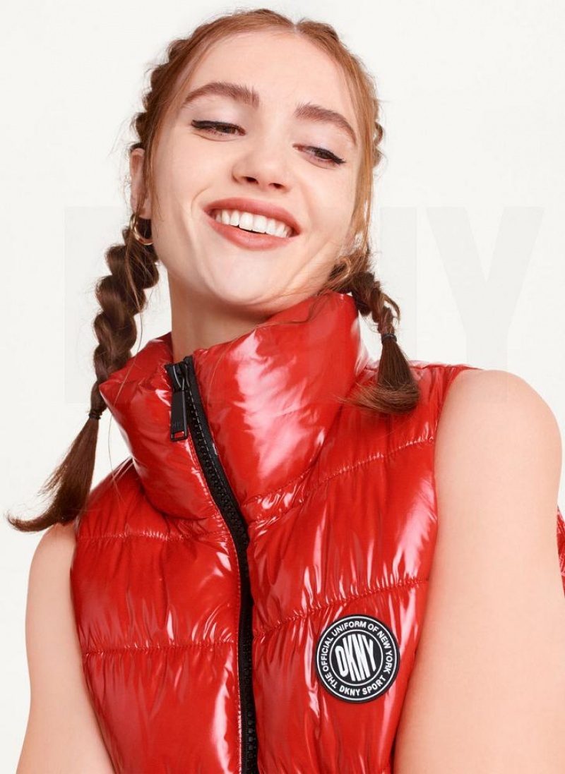 Red Women's DKNY Wet Token Logo Puffer Vest Coats | Australia-D1224