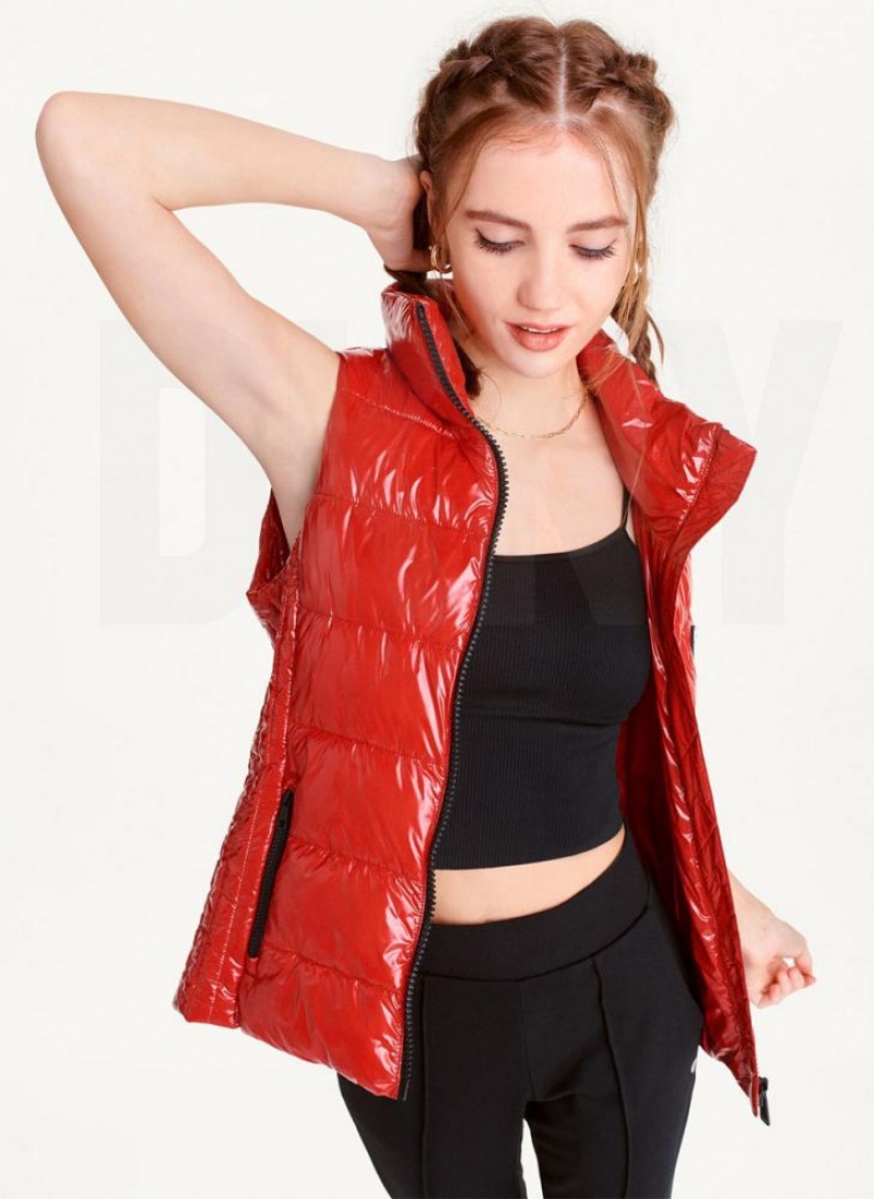 Red Women\'s DKNY Wet Token Logo Puffer Vest Coats | Australia-D1224
