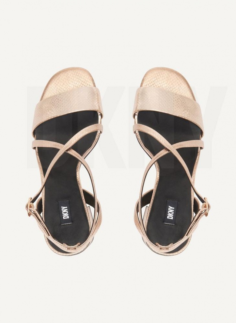 Rose Gold Women's DKNY Metallic Snake Strappy Block Sandals | Australia-D0159
