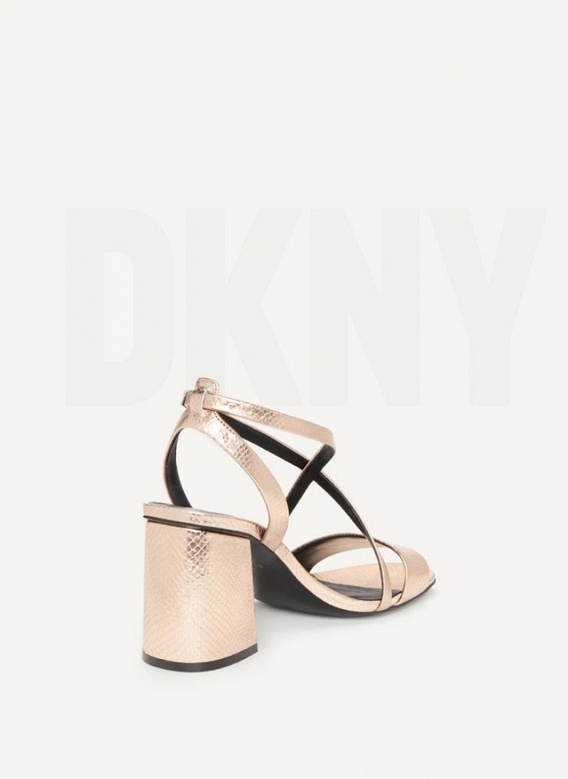 Rose Gold Women's DKNY Metallic Snake Strappy Block Sandals | Australia-D0159