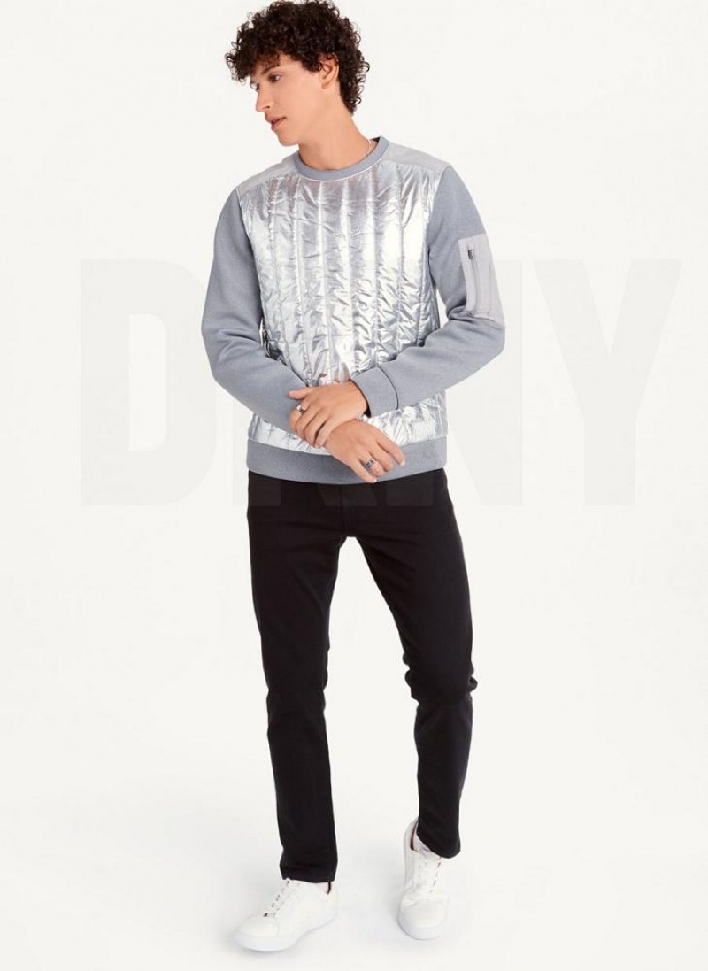 Silver Men's DKNY Foil Panel Crew Neck Sweatshirts | Australia-D1453