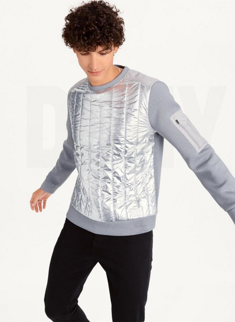 Silver Men\'s DKNY Foil Panel Crew Neck Sweatshirts | Australia-D1453