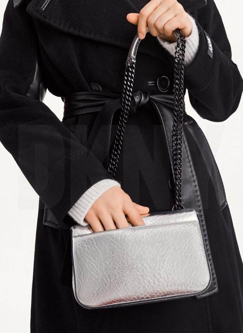 Silver Women's DKNY Metallic Sina Flap Shoulder Bags | Australia-D0505