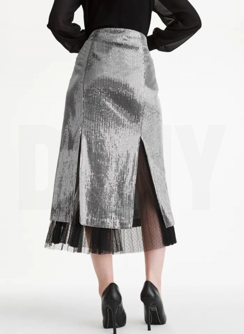 Silver Women's DKNY Sequin Midi With Tulle Skirts | Australia-D0145