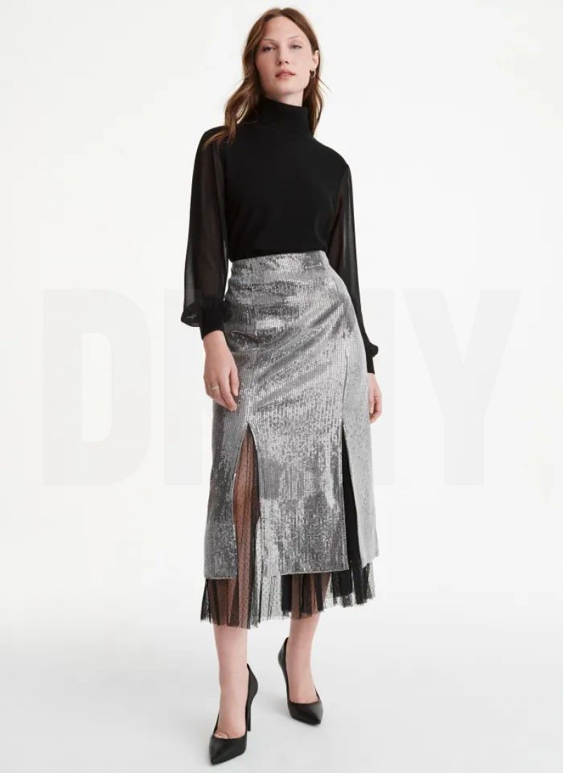Silver Women's DKNY Sequin Midi With Tulle Skirts | Australia-D0145