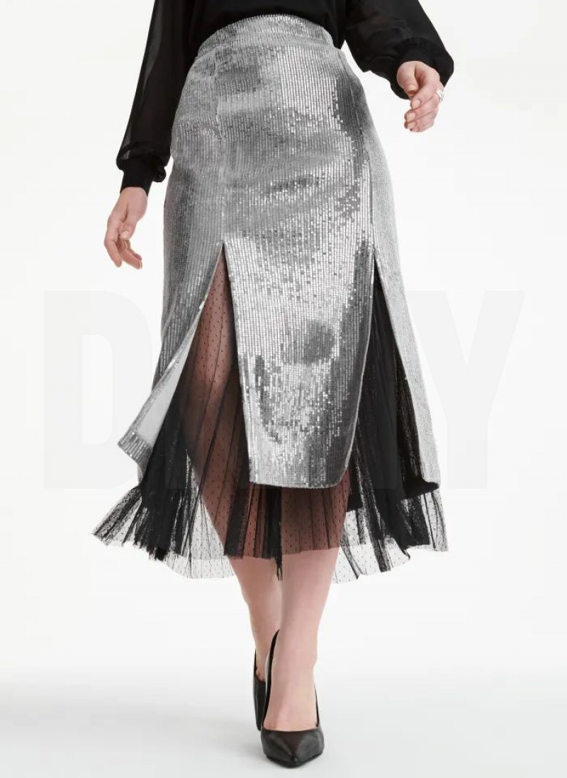 Silver Women\'s DKNY Sequin Midi With Tulle Skirts | Australia-D0145