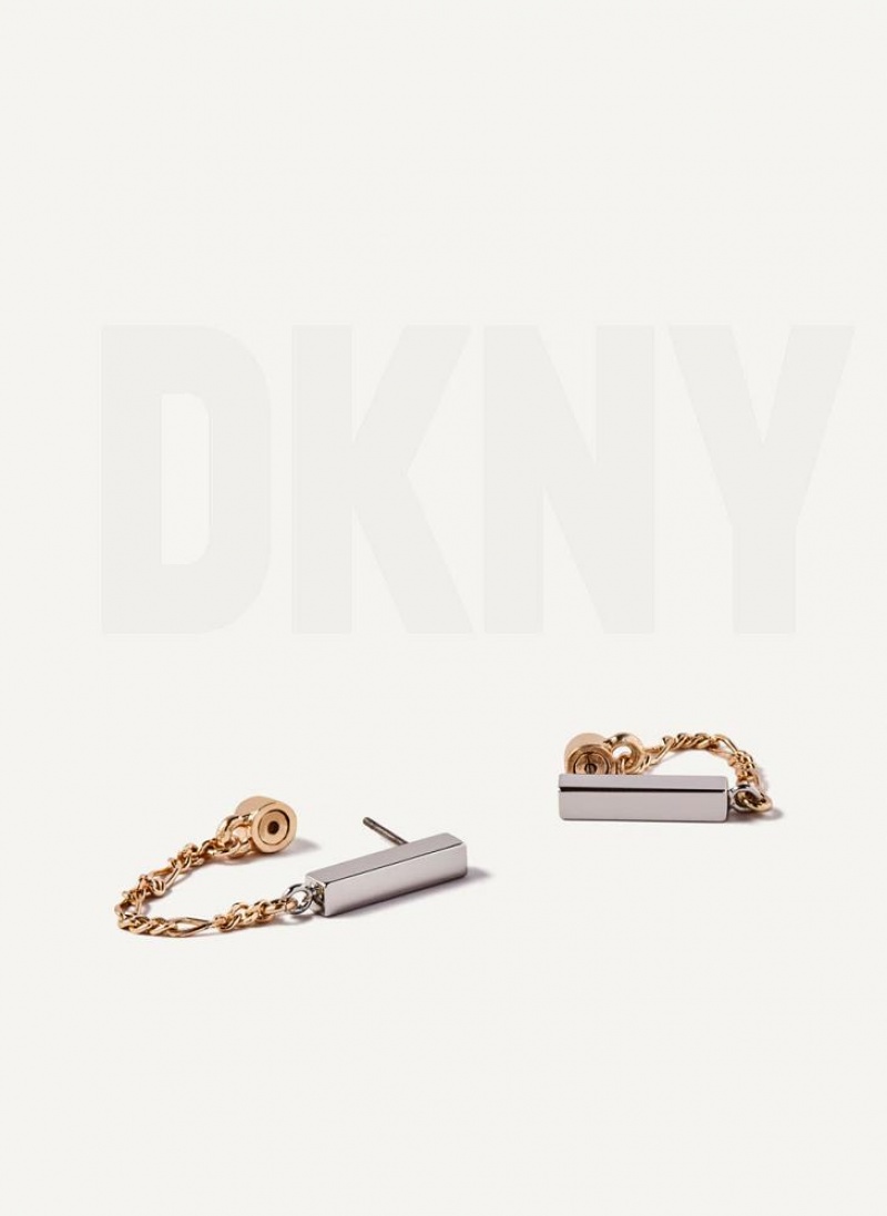 Silver / Gold Women's DKNY Two Tone Chain Earrings | Australia-D0429