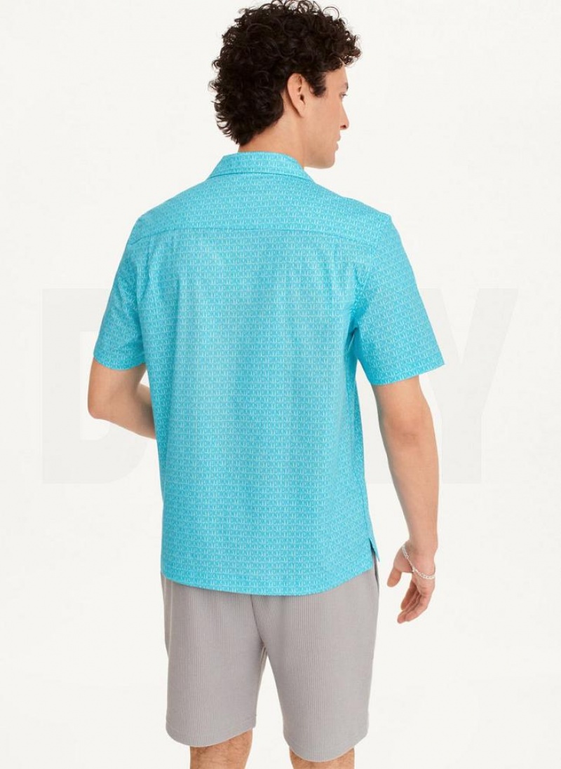 Turquoise Men's DKNY Interlocking Allover Logo Shirts | Australia-D1485