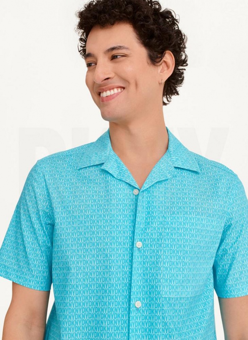 Turquoise Men's DKNY Interlocking Allover Logo Shirts | Australia-D1485