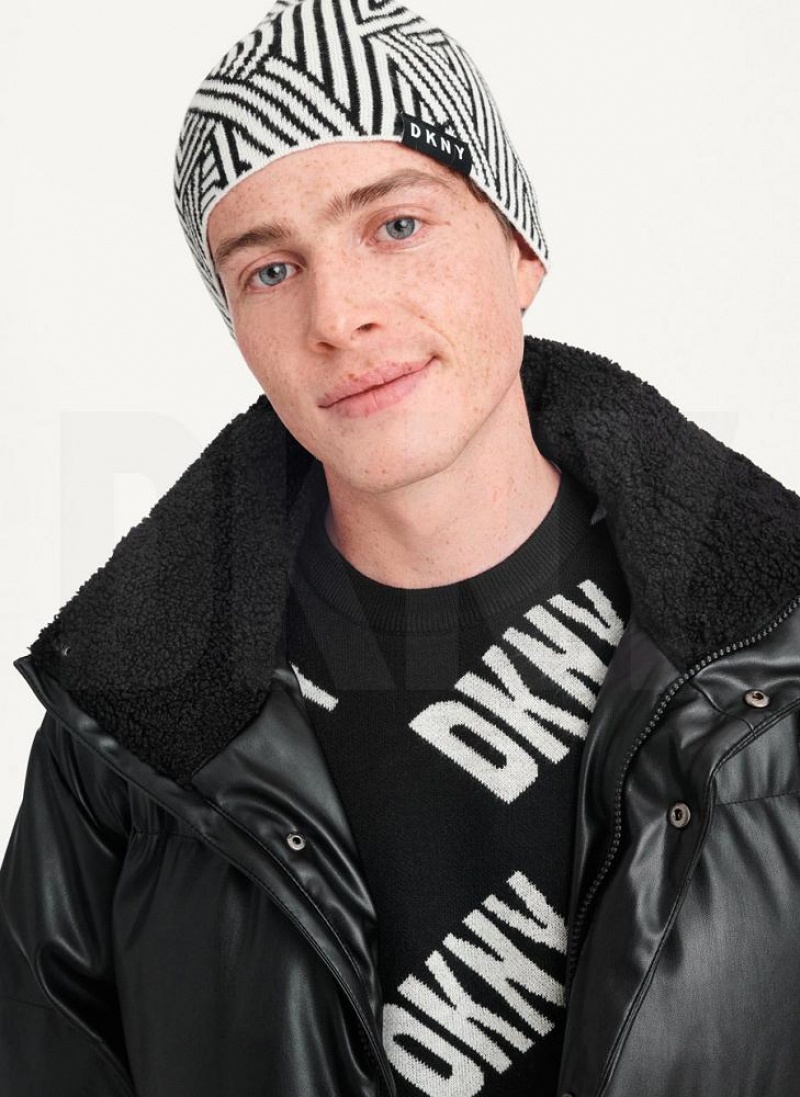 White Men\'s DKNY Allover Crosswalk Logo Beanie | Australia-D0519