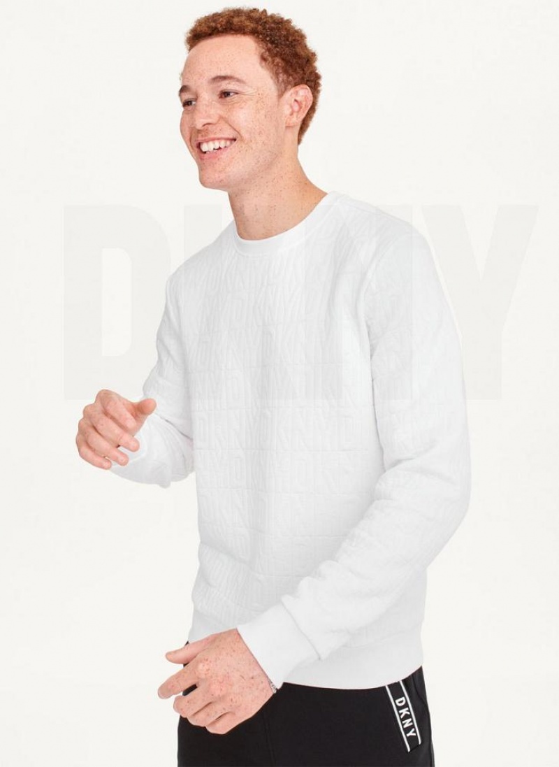 White Men\'s DKNY Allover Quilted Logo Crew Sweatshirts | Australia-D1707