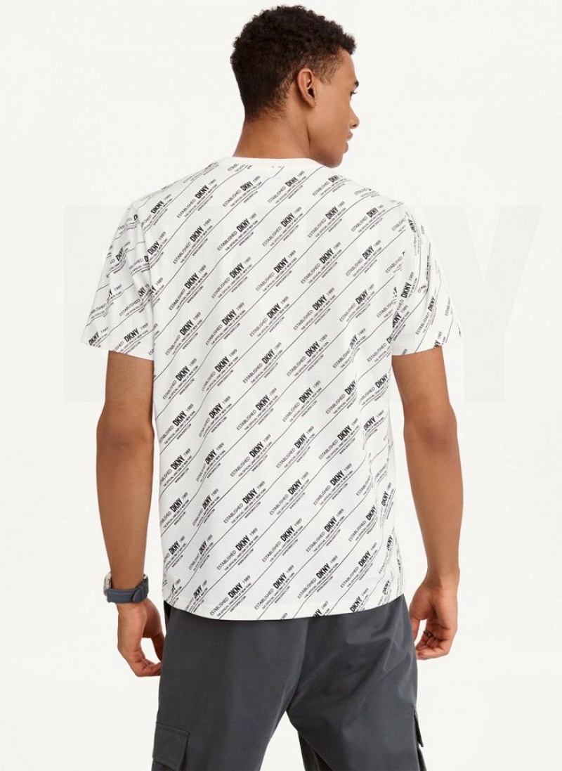 White Men's DKNY Allover Stripe Logo T Shirts | Australia-D1343