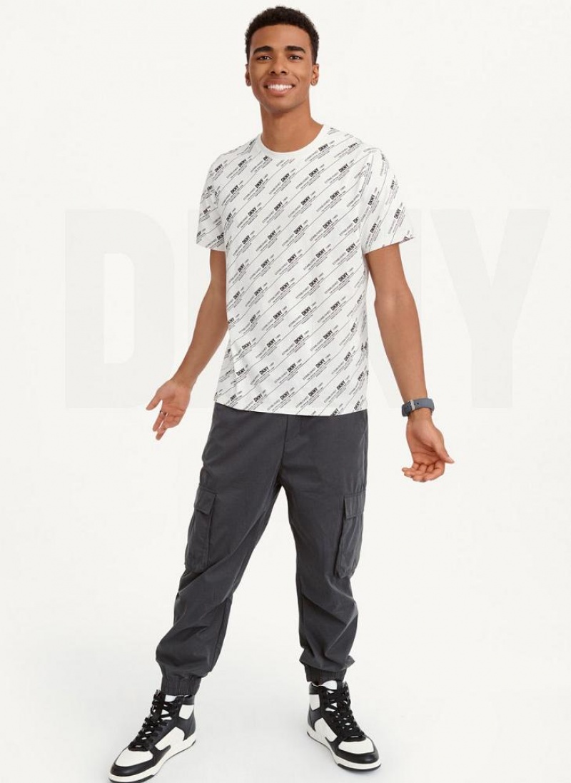 White Men's DKNY Allover Stripe Logo T Shirts | Australia-D1343