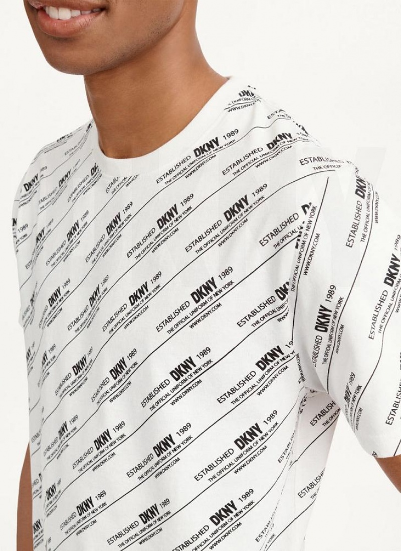 White Men's DKNY Allover Stripe Logo T Shirts | Australia-D1343