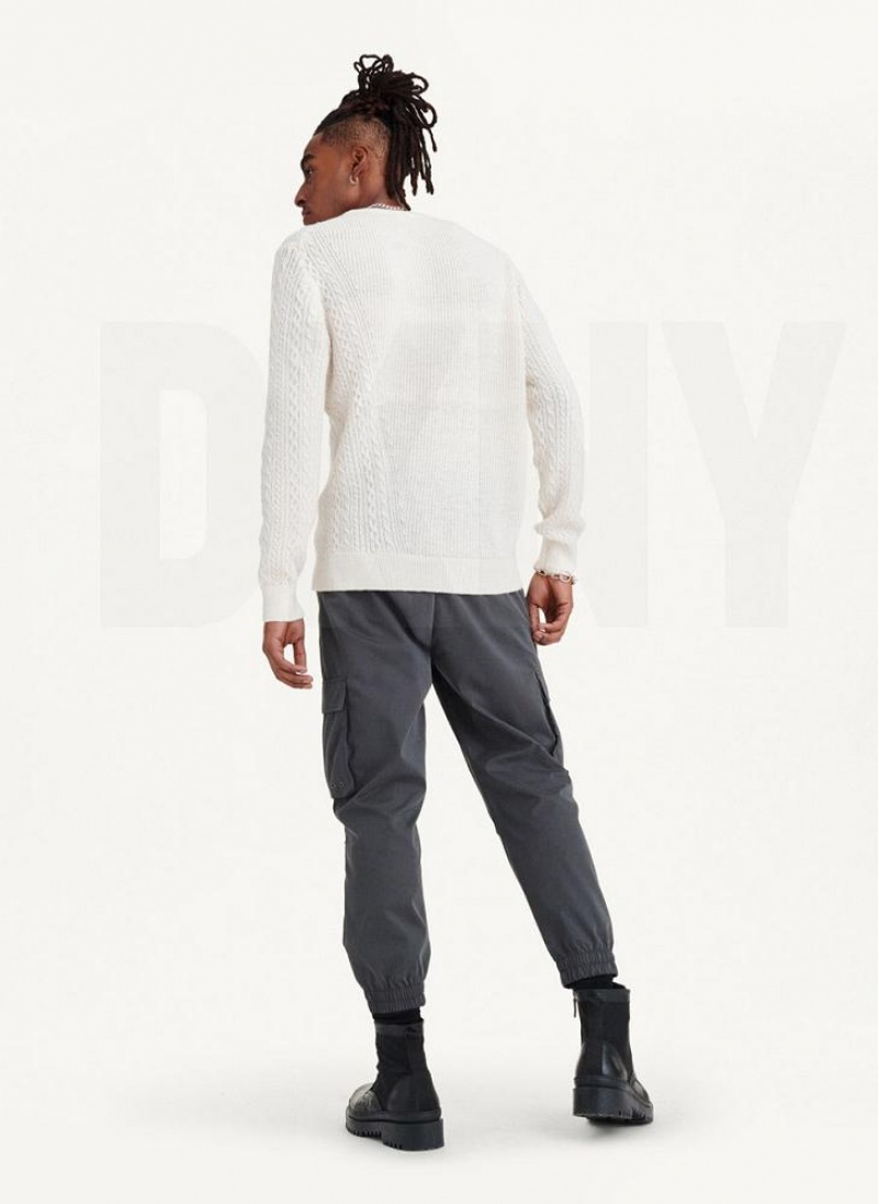 White Men's DKNY Diagonal Cable Crew Sweaters | Australia-D1263