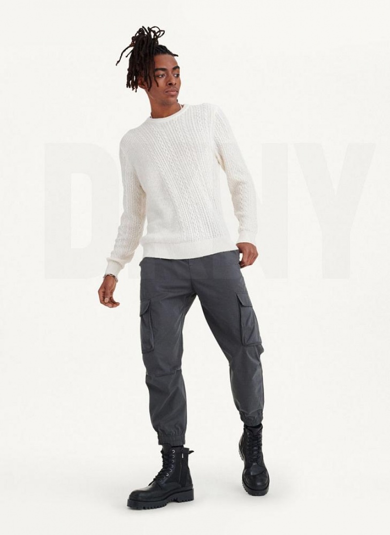 White Men's DKNY Diagonal Cable Crew Sweaters | Australia-D1263