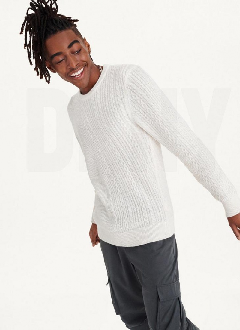 White Men's DKNY Diagonal Cable Crew Sweaters | Australia-D1263