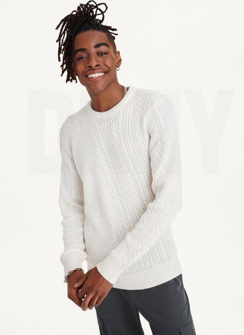 White Men's DKNY Diagonal Cable Crew Sweaters | Australia-D1263