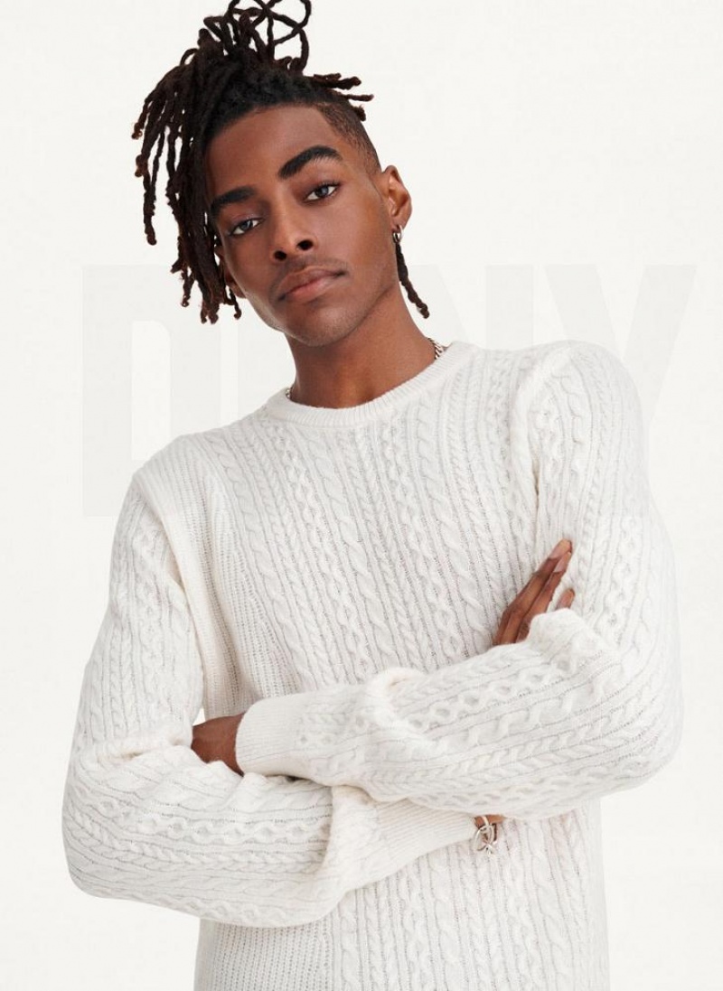White Men's DKNY Diagonal Cable Crew Sweaters | Australia-D1263