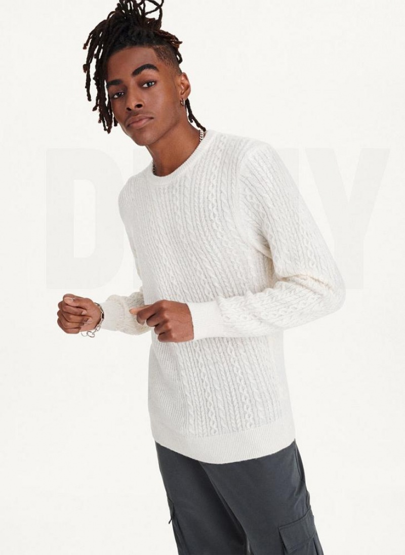 White Men\'s DKNY Diagonal Cable Crew Sweaters | Australia-D1263