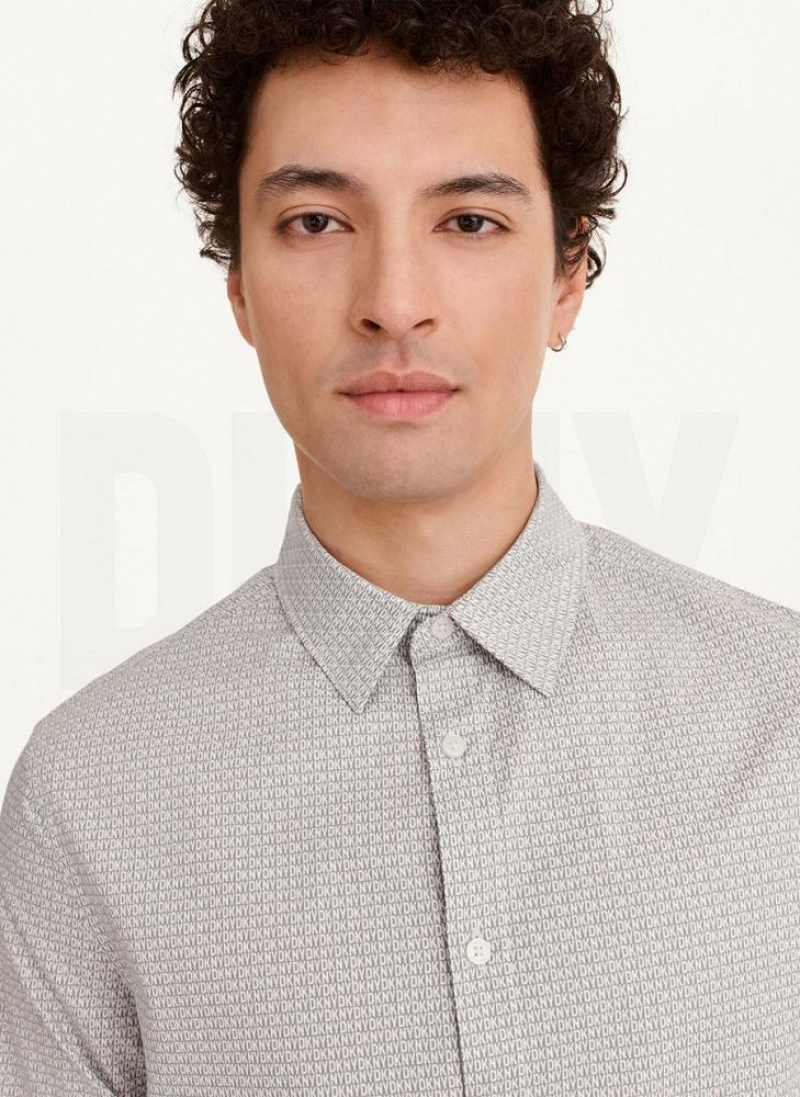 White Men's DKNY Long Sleeve Interlocking Logo Shirts | Australia-D0647