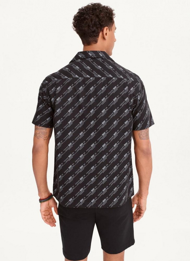 White Men's DKNY Short Sleeve Camp Allover Stripe Logo Shirts | Australia-D0457
