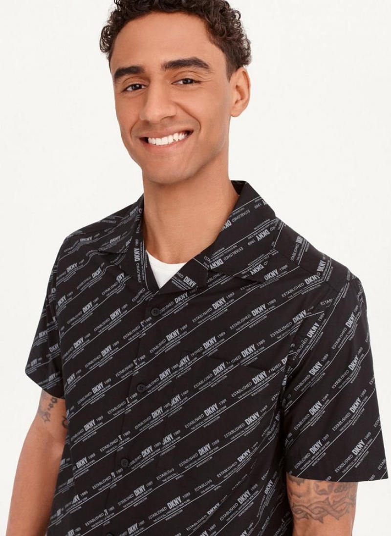 White Men's DKNY Short Sleeve Camp Allover Stripe Logo Shirts | Australia-D0457