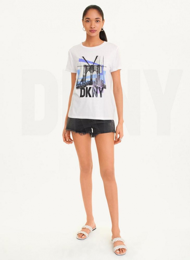White Women's DKNY Brooklyn Bridge Logo T Shirts | Australia-D0425