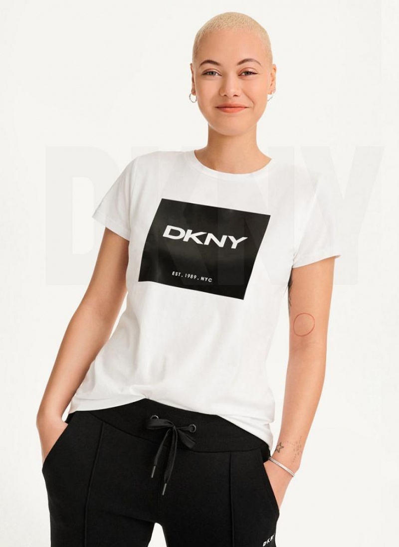 White Women's DKNY Coated Box Logo T Shirts | Australia-D0432