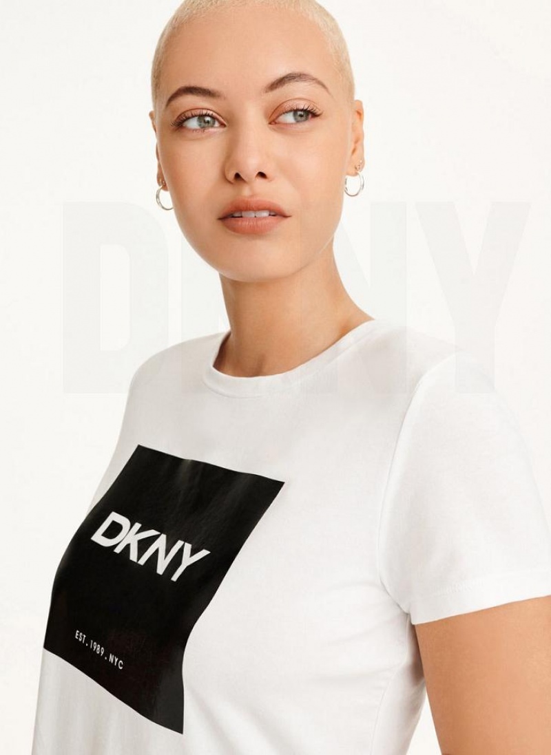White Women's DKNY Coated Box Logo T Shirts | Australia-D0432