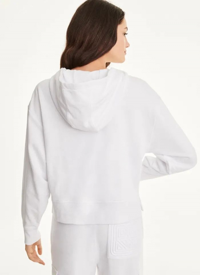 White Women's DKNY Cotton French Terrywith Bag Kangaroo Pocket Hoodies | Australia-D0165