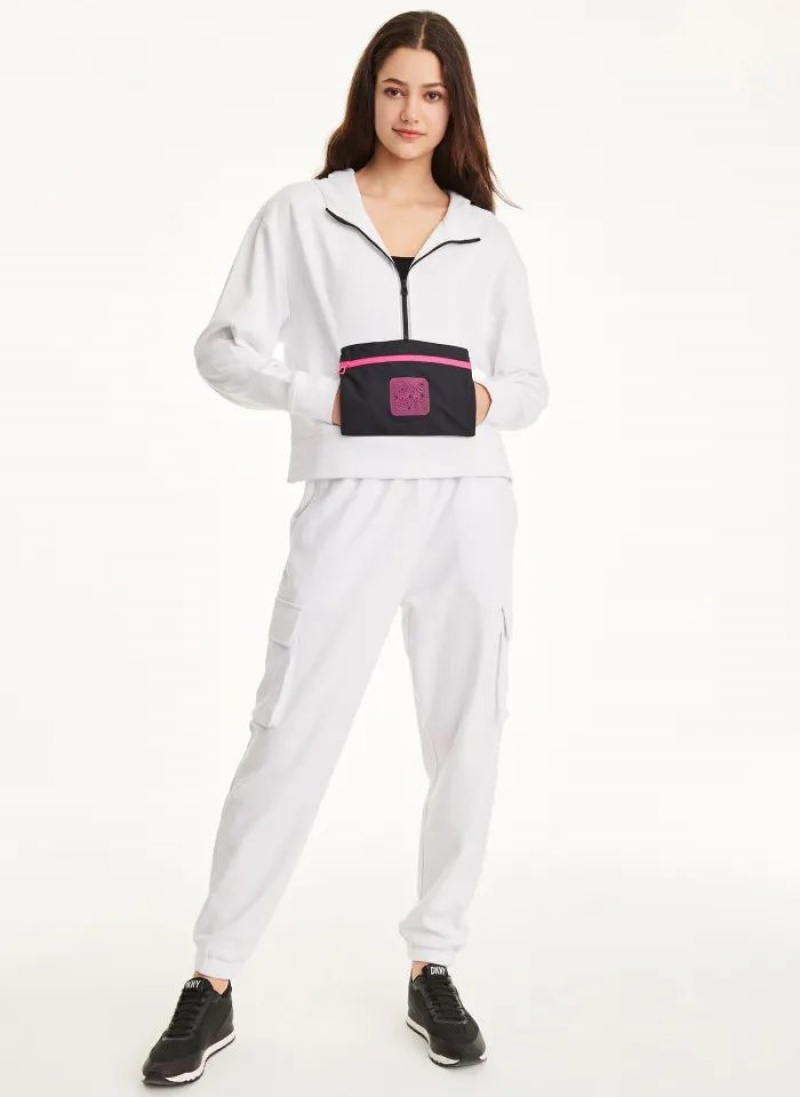 White Women's DKNY Cotton French Terrywith Bag Kangaroo Pocket Hoodies | Australia-D0165