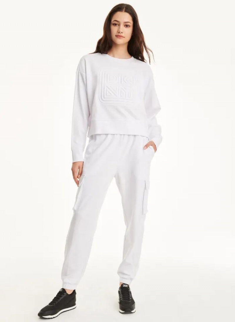 White Women's DKNY Cotton Jersey Crew With Logo Embossing Sweatshirts | Australia-D0365