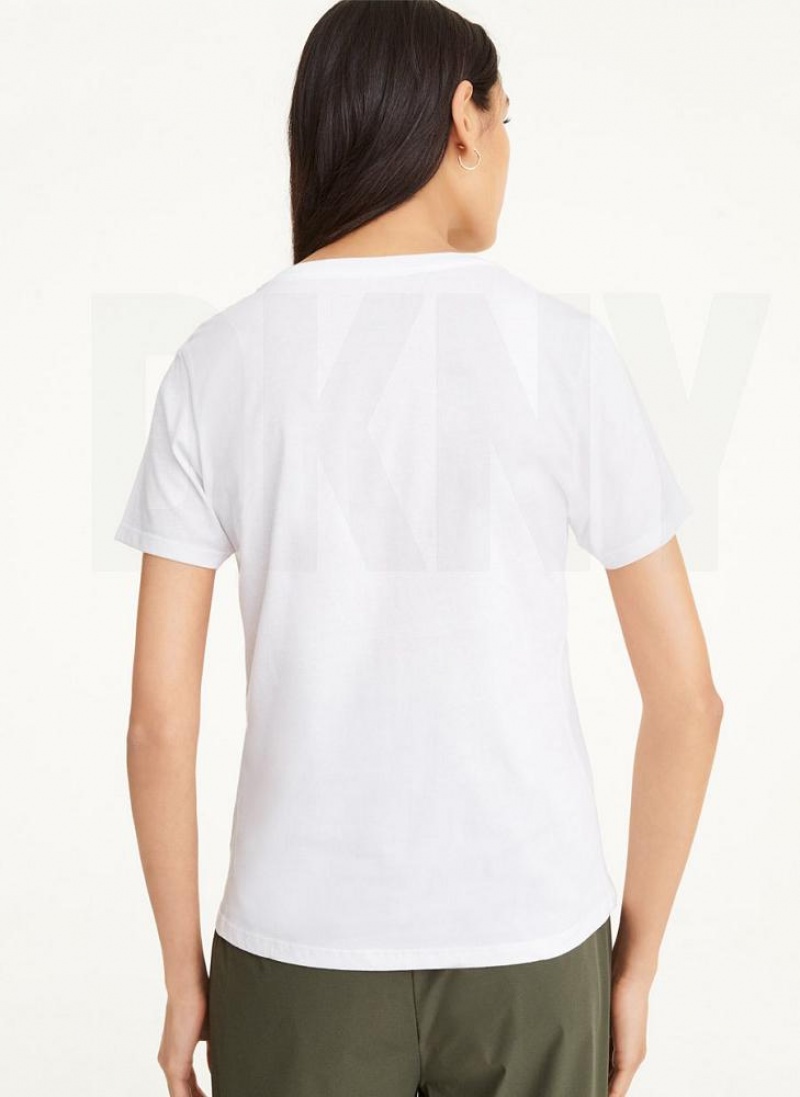 White Women's DKNY Diagonal Rhinestone Logo T Shirts | Australia-D1420