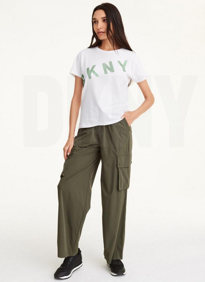 White Women's DKNY Diagonal Rhinestone Logo T Shirts | Australia-D1420