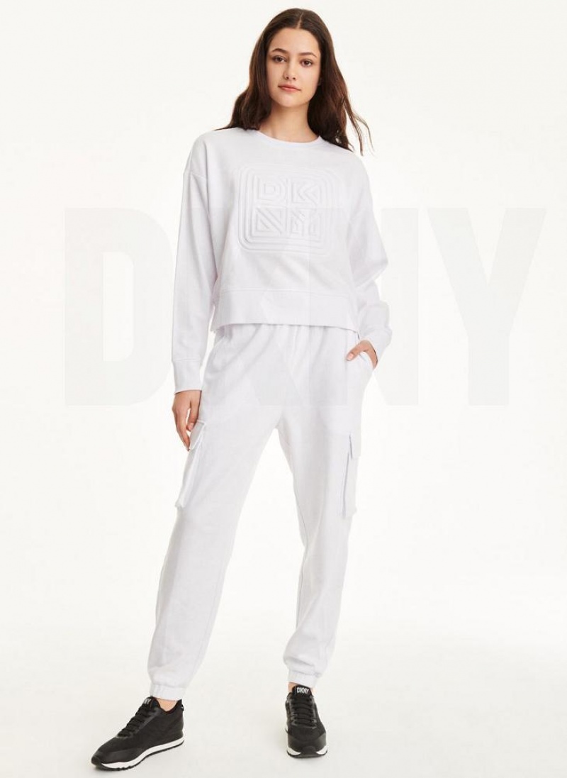 White Women's DKNY Embossed Logo Crewneck Sweatshirts | Australia-D0229