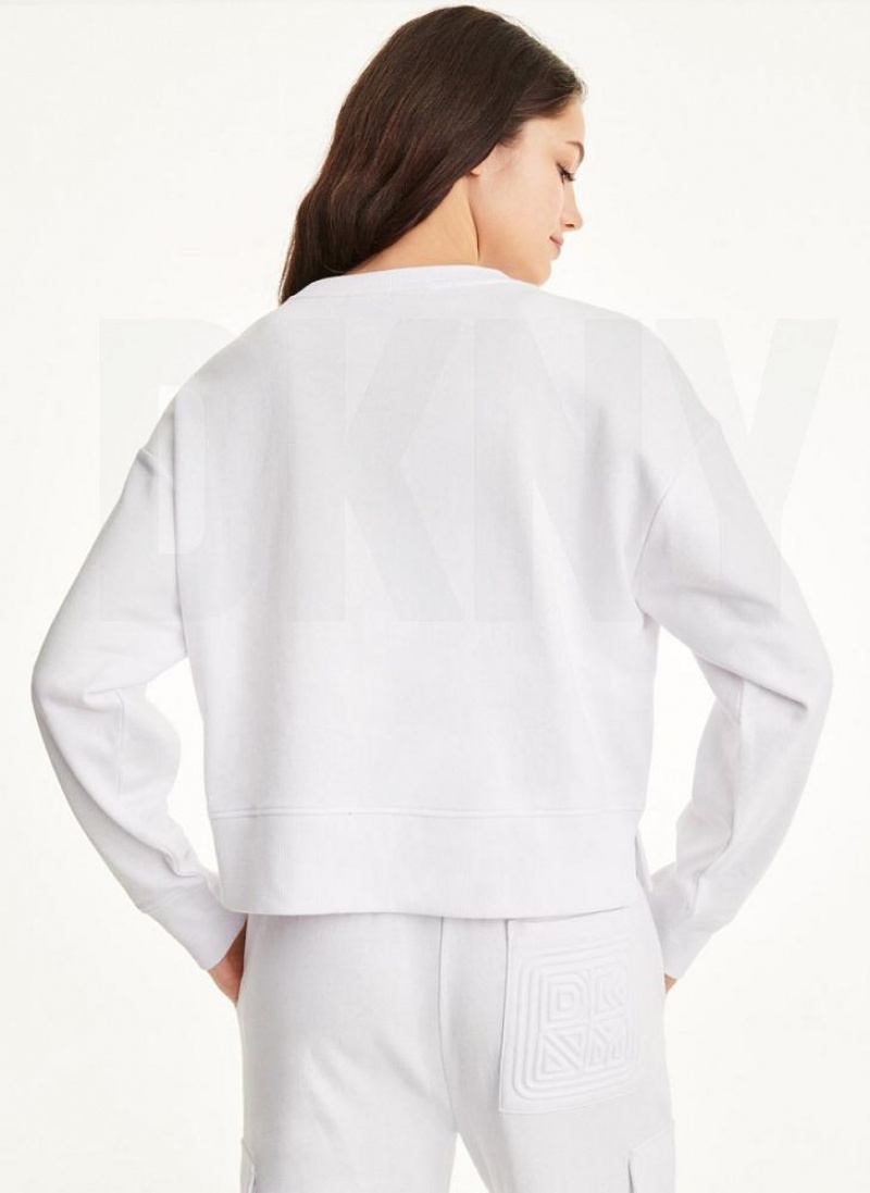 White Women's DKNY Embossed Logo Crewneck Sweatshirts | Australia-D0229