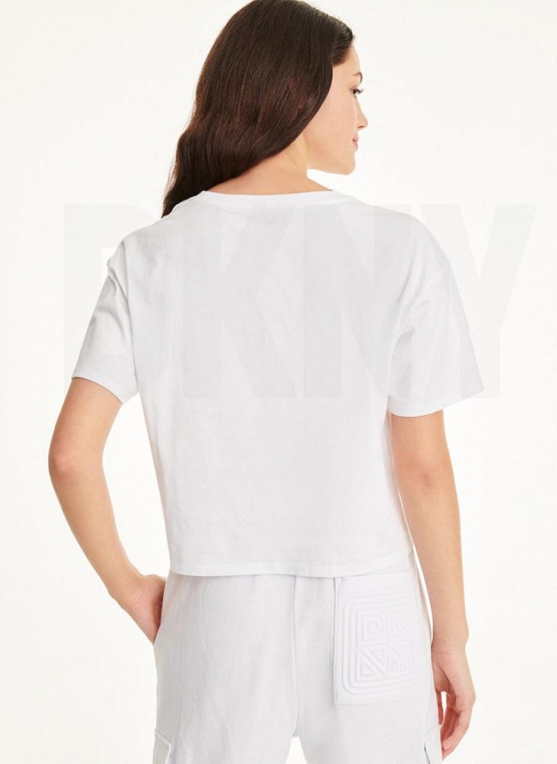 White Women's DKNY Embossed Logo Jersey T Shirts | Australia-D0791