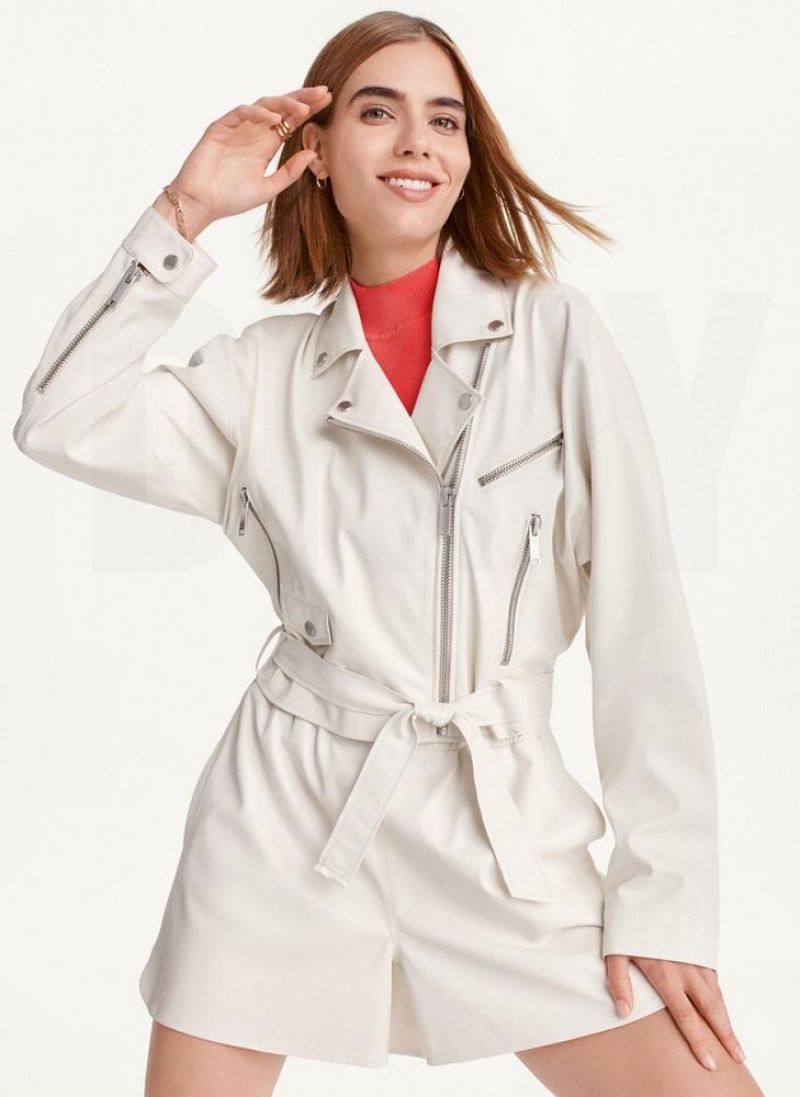 White Women's DKNY Faux Leather Moto Jackets | Australia-D1898