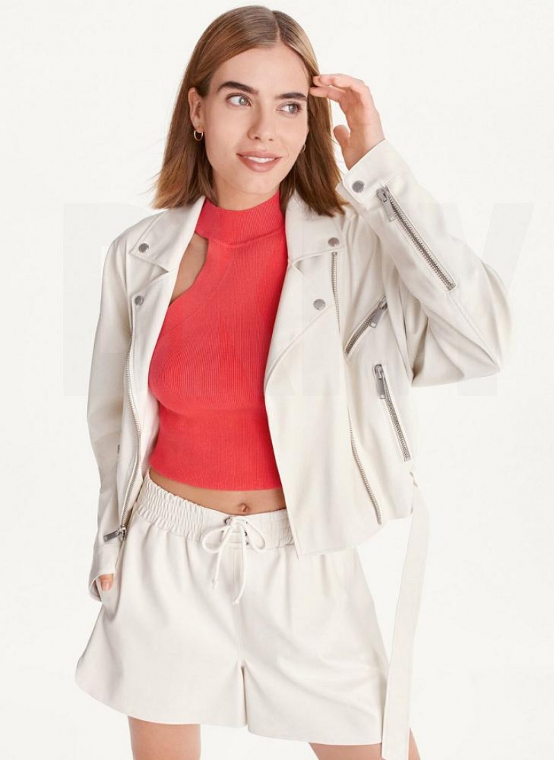 White Women\'s DKNY Faux Leather Moto Jackets | Australia-D1898