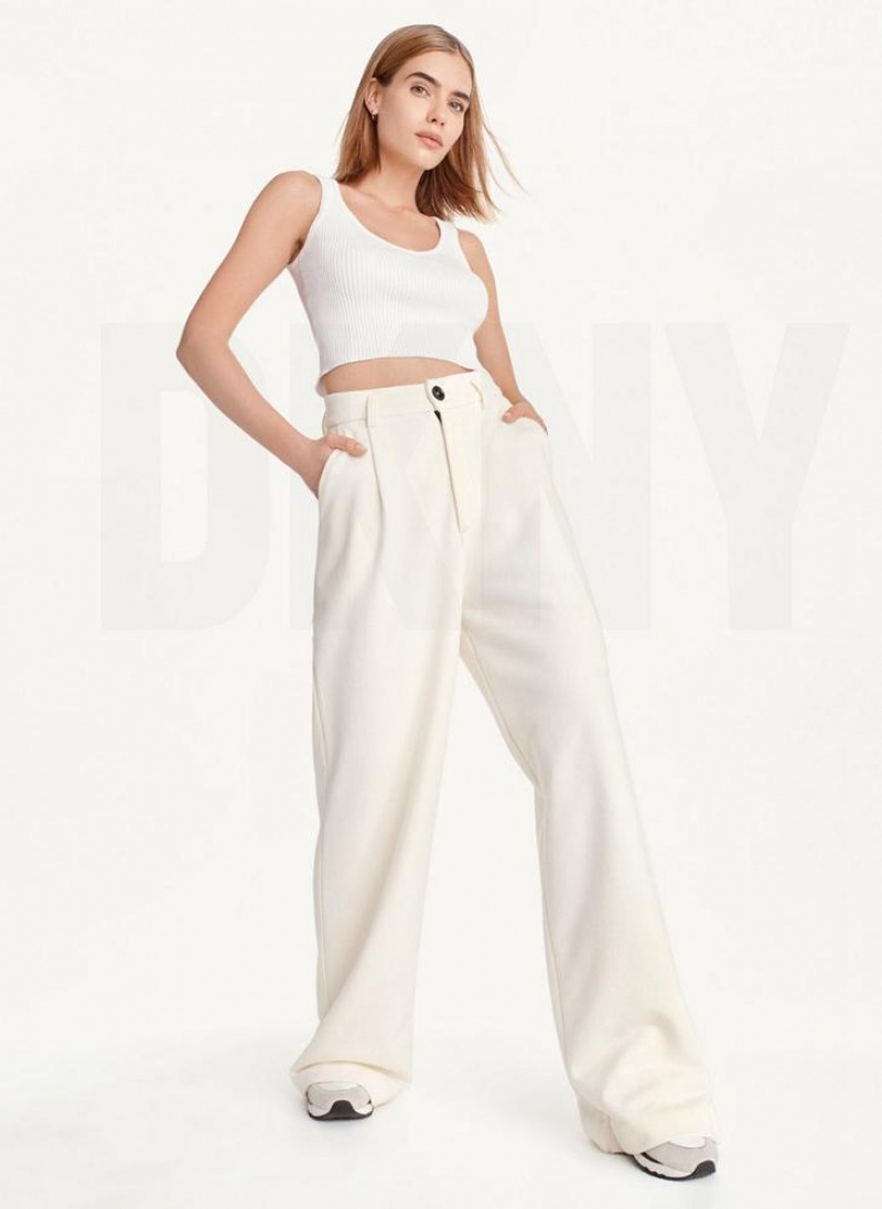 White Women's DKNY French Terry Wide Leg Pants | Australia-D1656