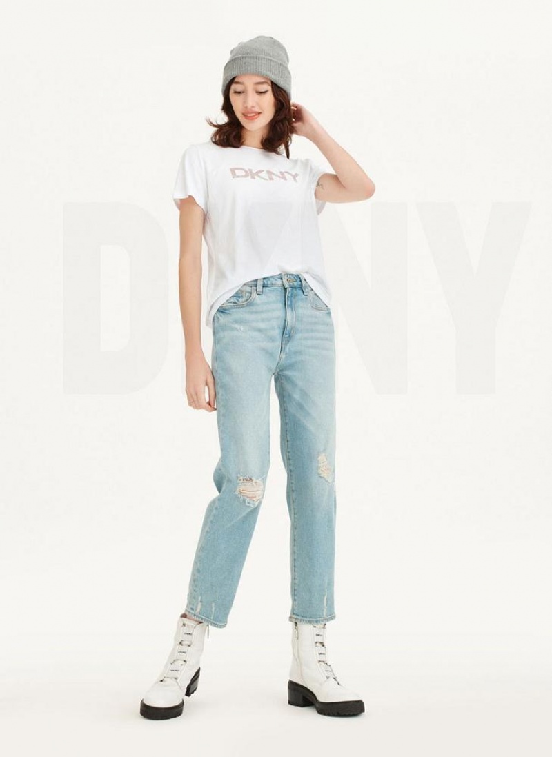 White Women's DKNY Glitter Logo T Shirts | Australia-D0806
