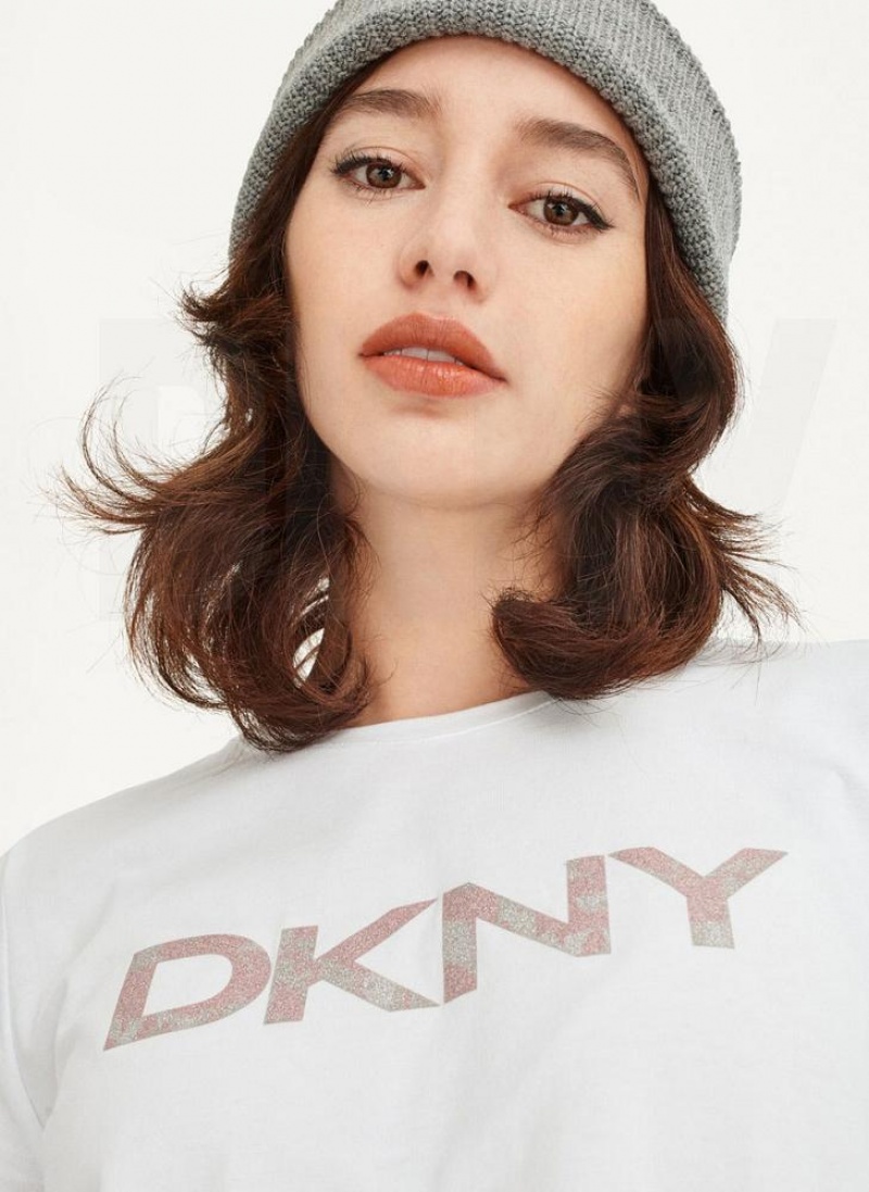 White Women's DKNY Glitter Logo T Shirts | Australia-D0806