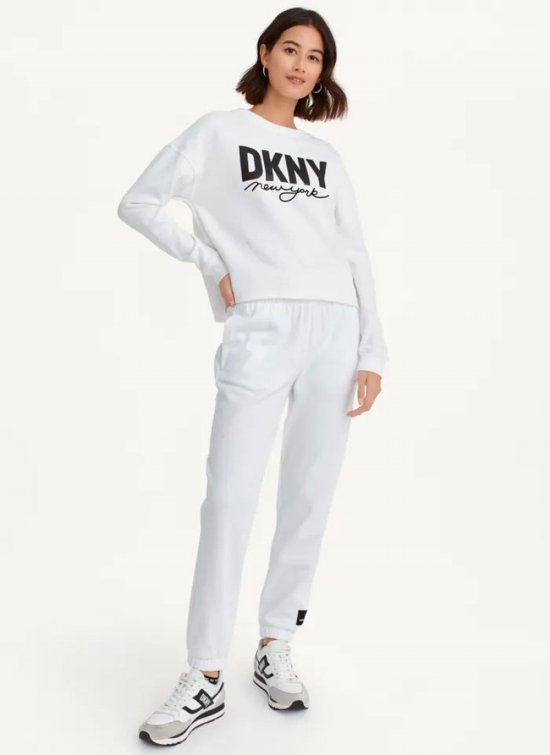 White Women's DKNY Glitter Script Logo Cropped Raw Edge Sweatshirts | Australia-D1213