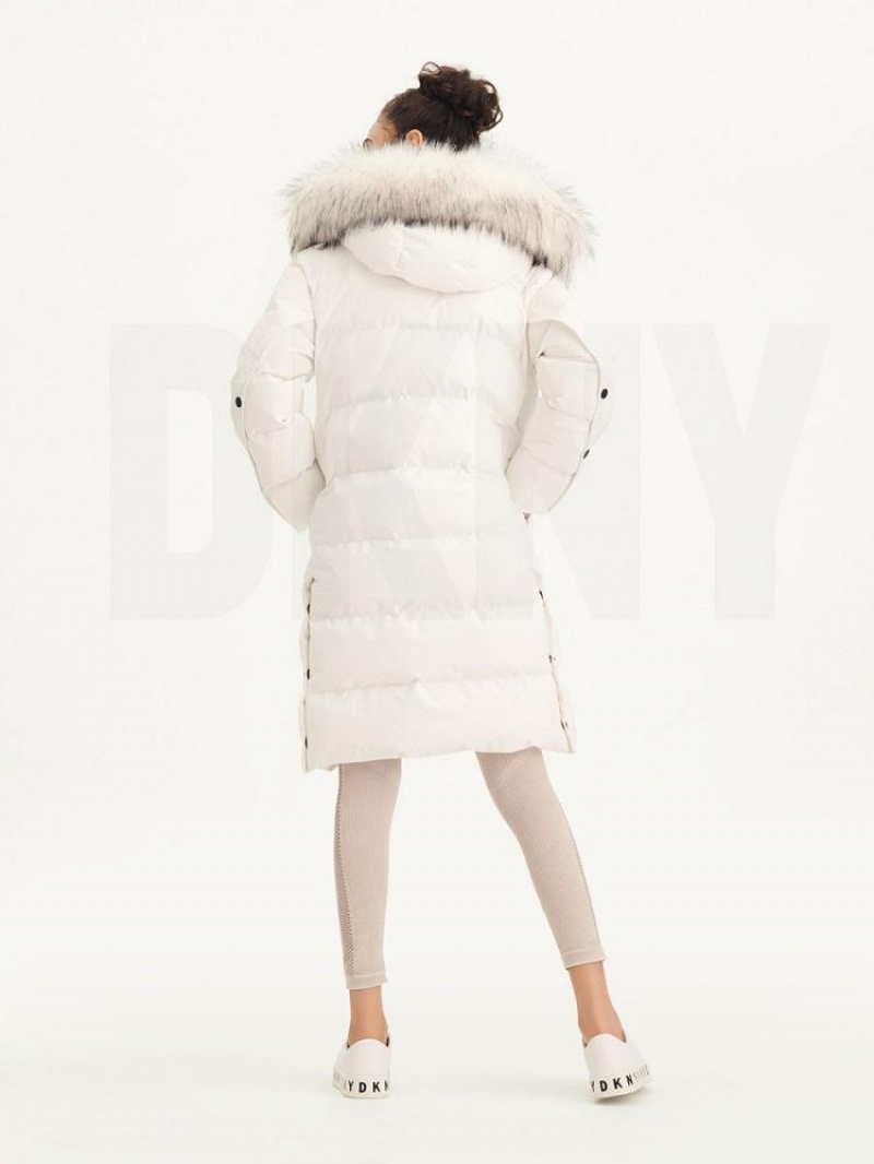 White Women's DKNY Long Puffer With Faux Fur Hood Coats | Australia-D1201