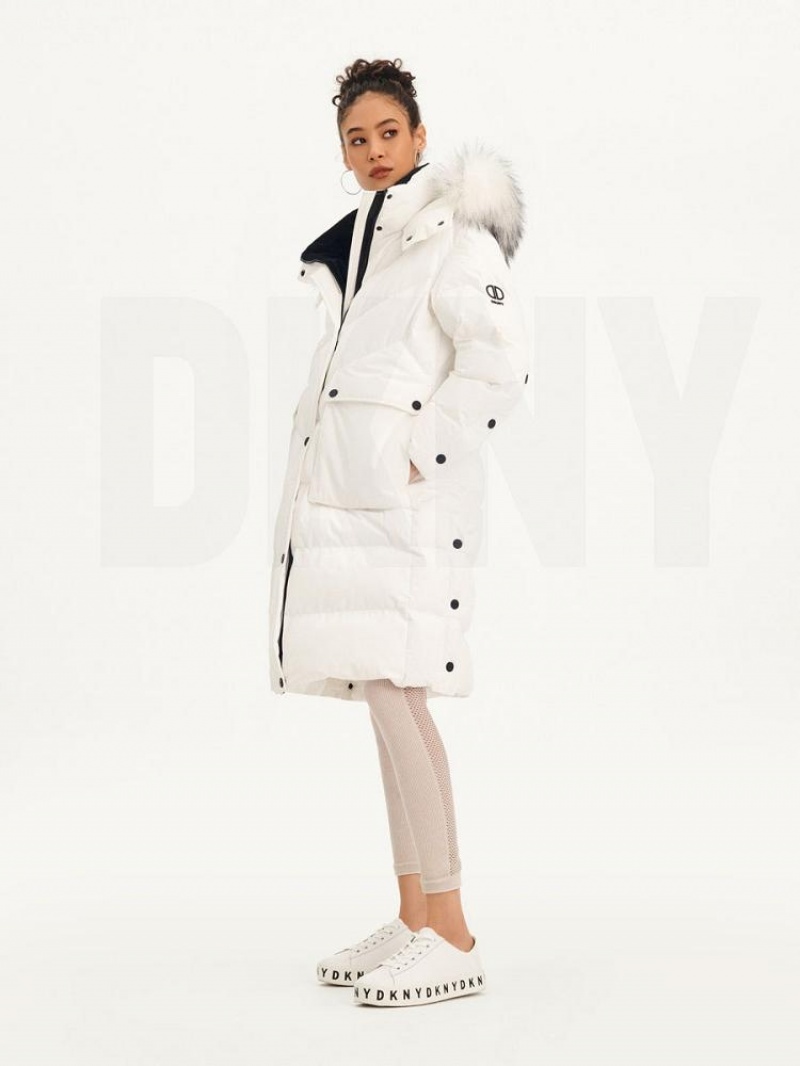White Women's DKNY Long Puffer With Faux Fur Hood Coats | Australia-D1201