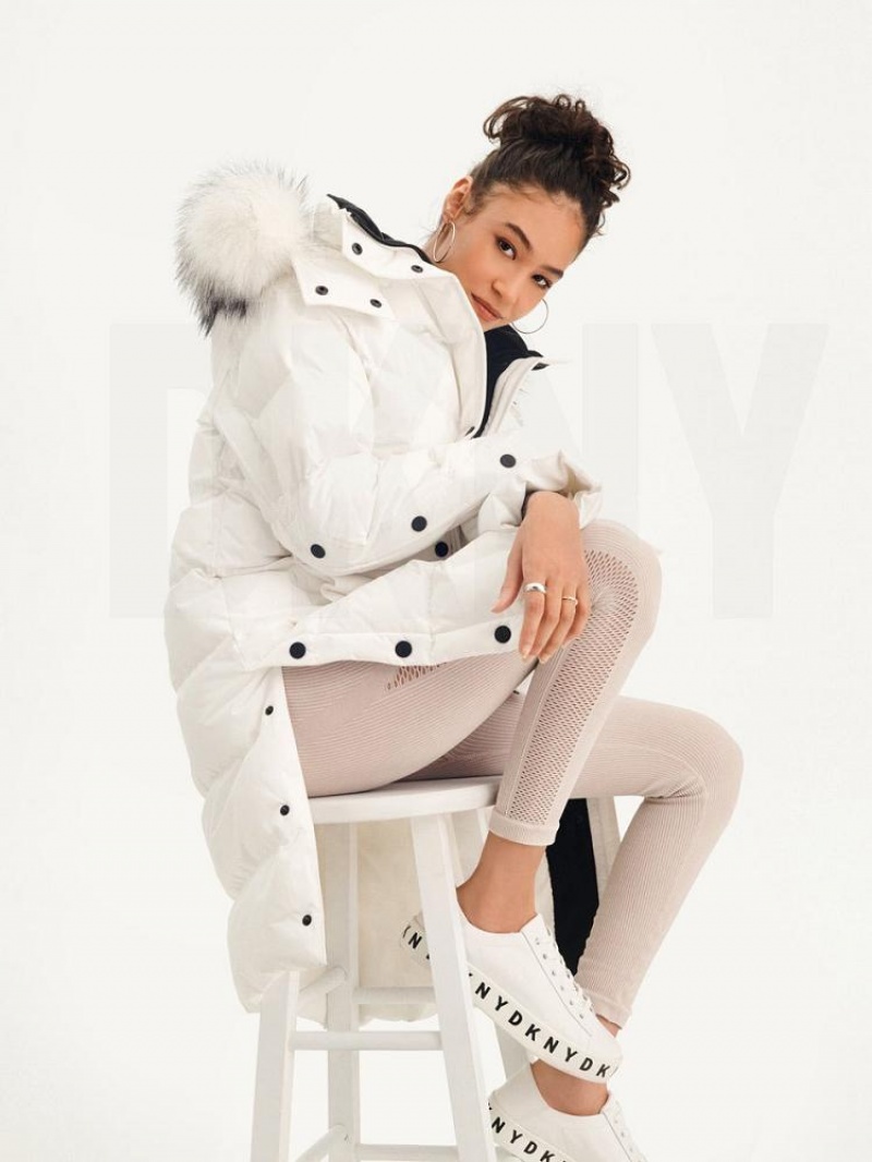 White Women's DKNY Long Puffer With Faux Fur Hood Coats | Australia-D1201
