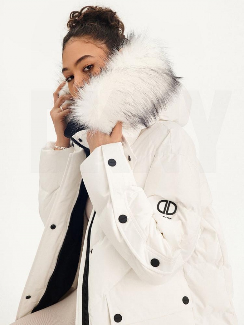 White Women's DKNY Long Puffer With Faux Fur Hood Coats | Australia-D1201